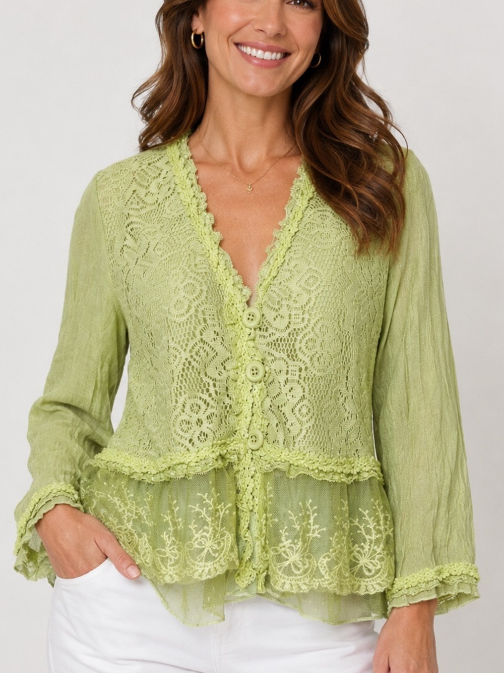 Pretty Angel Top Size L LinenBlend Mixed Media Hanky Hem Green Fairycore Ruffley